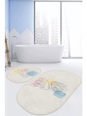 Rem Home Remhome Onedraw Motifli Dijital Baskılı Özel Tasarım 2'li Oval Kaymaz Tabanlı Banyo & Mutfak Paspas Takımı Takım Banyo Paspası