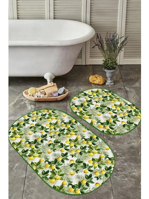 Rem Home Remhome Yeşil Yapraklar Limon Desenli Özel Tasarım 2'li Oval Kaymaz Tabanlı Banyo & Mutfak Paspas Takımı Takım Banyo Paspası