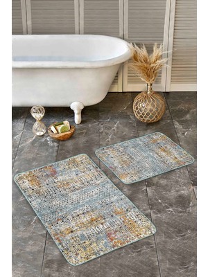 Rem Home Remhome Antika Zeminde Eskitme Motifli Tribal Etnik Motifler Eskitme Motifli 2'li Banyo Mutfak Paspas Takımı Takım Banyo Paspası