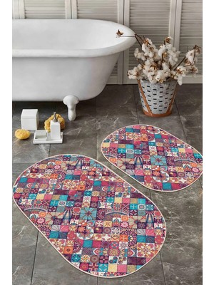 Rem Home Remhome Etnik Kareli Tasarımlı Dijital Baskılı 2'li Oval Kaymaz Tabanlı Banyo & Mutfak Paspas Takımı Takım Banyo Paspası
