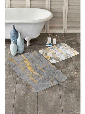 Rem Home Remhome Gri Beyaz Mermer Motifli Dijital Baskılı 2'li Kaymaz Tabanlı Banyo & Mutfak Paspas Takımı Takım Banyo Paspası