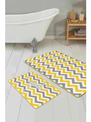 Rem Home Remhome Sarı Gri Zigzag Tasarımlı Flamingo Motifli 2'li Kaymaz Tabanlı Banyo & Mutfak Paspas Takımı Takım Banyo Paspası
