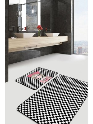 Rem Home Remhome Dama Tasarım Fotoğraf Çeken Kız Desenli 2'li Kaymaz Tabanlı Banyo & Mutfak Paspas Takımı Takım Banyo Paspası