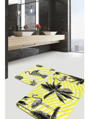 Rem Home Remhome Sarı Çizgili Zemin Siyah Flamingo Tasarımlı 2'li Kaymaz Tabanlı Banyo & Mutfak Paspas Takımı Takım Banyo Paspası