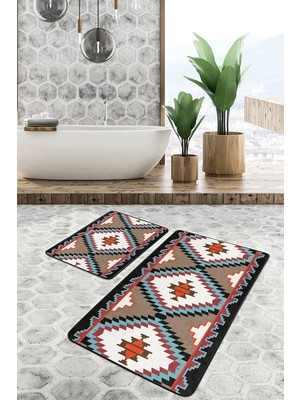Rem Home Remhome Krem Ekru Zeminde Kilim Motifli Geleneksel Geometrik Etnik Motifler 2'li Banyo Mutfak Paspas Takımı Takım Banyo Paspası
