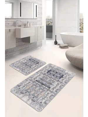 Rem Home Remhome 2'li Set Krem Zeminde Dokuma Halı Motifli Kilim Eskitme Motifli Vintage 2'li Banyo Paspas Takımı Takım Banyo Paspası
