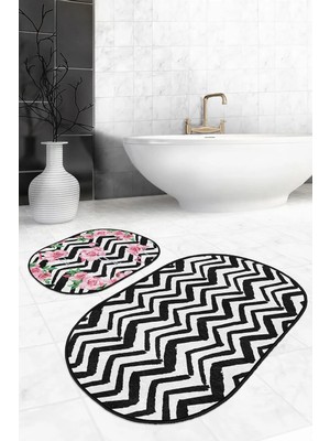 Rem Home Remhome Siyah Zigzag Temalı Flamingo Motifli 2'li Oval Kaymaz Tabanlı Banyo & Mutfak Paspas Takımı Takım Banyo Paspası
