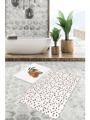 Rem Home Remhome Renkli Geometrik Motifli 2'li Banyo Paspas Takımı & Mutfak Paspas Seti Takım Banyo Paspası