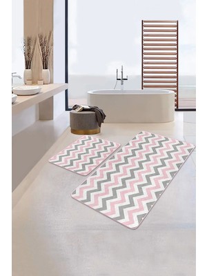 Rem Home Remhome Pembe Gri Zigzag Motifli 2'li Kaymaz Tabanlı Banyo & Mutfak Paspas Takımı Takım Banyo Paspası