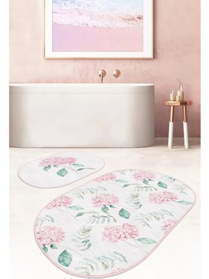 Rem Home Remhome Beyaz Zemin Ortanca Çiçeği Dijital Baskılı 2'li Oval Kaymaz Tabanlı Banyo & Mutfak Paspas Takımı Takım Banyo Paspası