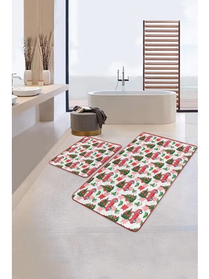 Rem Home Remhome Çam Ağacı Kırmızı Araba Dijital Baskılı 2'li Kaymaz Tabanlı Banyo & Mutfak Paspas Takımı Takım Banyo Paspası