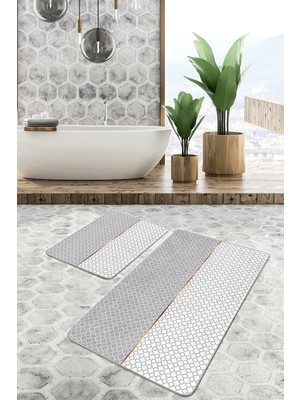 Rem Home Remhome Gri Beyaz Ogea Özel Tasarımlı 2'li Kaymaz Tabanlı Banyo & Mutfak Paspas Takımı Takım Banyo Paspası