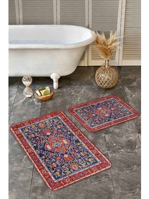 Rem Home Remhome 2'li Set Kırmızı Zeminde El Dokuma Motifli Geleneksel Avangarde Vintage 2'li Banyo Paspas Takımı Takım Banyo Paspası