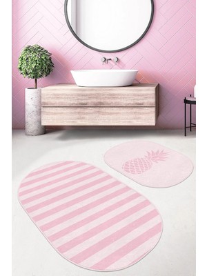 Rem Home Remhome Pembe Çizgili Ananas Motifli 2'li Oval Kaymaz Tabanlı Banyo & Mutfak Paspas Takımı Takım Banyo Paspası