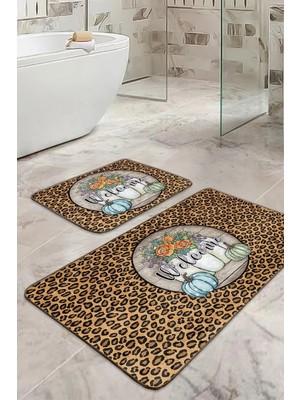 Rem Home Remhome Zebra Motifli Welcome Temalı 2'li Banyo Halısı Seti & Klozet Paspas Takımı Takım Banyo Paspası