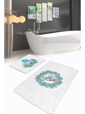 Rem Home Remhome Yılbaşı Temalı Mavi Çelekli Dijital Baskılı 2'li Kaymaz Tabanlı Banyo & Mutfak Paspas Takımı Takım Banyo Paspası