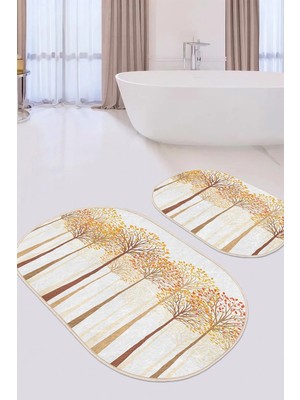 Rem Home Remhome Sonbahar Temalı Turuncu Kavak Ağaçları 2'li Oval Kaymaz Tabanlı Banyo & Mutfak Paspas Takımı Takım Banyo Paspası