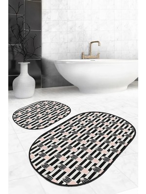 Rem Home Remhome Siyah Beyaz Çizgili Kaktüs Motifli 2'li Oval Kaymaz Tabanlı Banyo & Mutfak Paspas Takımı Takım Banyo Paspası