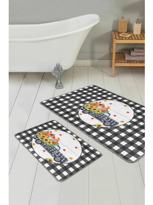 Rem Home Remhome Siyah Ekose Kabak Motifli 2'li Mutfak Paspas Seti & Banyo Klozet Paspas Seti Takım Banyo Paspası