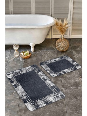 Rem Home Remhome Füme Beyaz Zeminde Çerçeveli Motifli Dokuma Halı Desenli Eskitme Vintage 2'li Banyo Paspas Takımı Takım Banyo Paspası