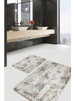 Rem Home Remhome Ekru- Gri Zeminde Kanvas Motifli Eskitme Eskitme Motifli Vintage 2'li Banyo & Mutfak Paspas Takımı Takım Banyo Paspası