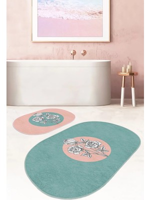 Rem Home Remhome Renkli Zemin Çiçek Motifli 2'li Oval Kaymaz Tabanlı Banyo Paspas Takımı & Mutfak Paspas Seti Takım Banyo Paspası