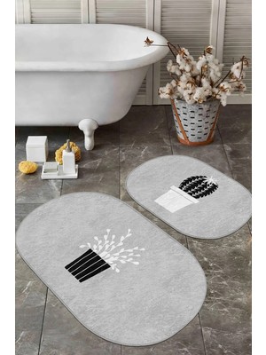 Rem Home Remhome Gri Zemin Saksılı Kaktüs Motifli 2'li Oval Kaymaz Tabanlı Banyo & Mutfak Paspas Takımı Takım Banyo Paspası