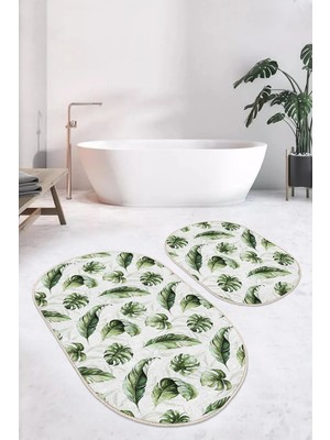 Rem Home Remhome Beyaz Zemin Yeşil Tropik Yaprak Motifli 2'li Oval Kaymaz Tabanlı Banyo & Mutfak Paspas Takımı Takım Banyo Paspası