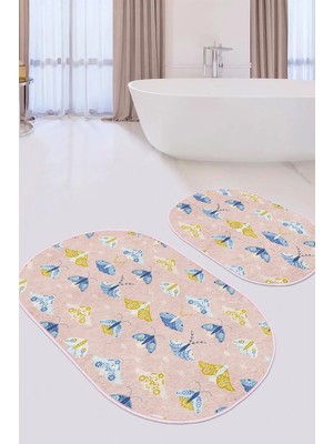 Rem Home Remhome Pembe Zemin Mavi Kelebek Tasarımlı 2'li Oval Kaymaz Tabanlı Banyo & Mutfak Paspas Takımı Takım Banyo Paspası