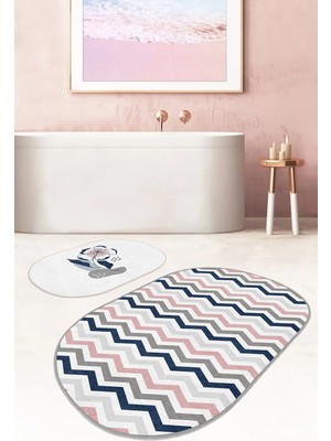 Rem Home Remhome Soft Renkli Zikzak Motifli Özel Tasarım 2'li Oval Banyo Halı Seti & Mutfak Paspas Takımı Takım Banyo Paspası
