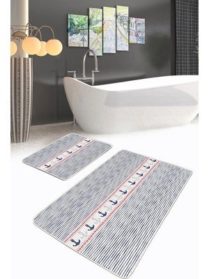 Rem Home Remhome Çizgili Zemin Çapa Temalı Dijital Baskılı 2'li Kaymaz Tabanlı Banyo & Mutfak Paspas Takımı Takım Banyo Paspası