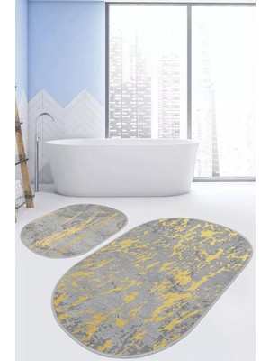 Rem Home Remhome Gri Gold Detaylı Mermer Motifli 2'li Oval Kaymaz Tabanlı Banyo & Mutfak Paspas Takımı Takım Banyo Paspası