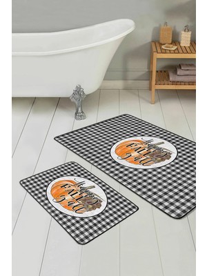 Rem Home Remhome Siyah Ekose Motifli Kabak Temalı 2'li Mutfak Paspas Takımı & Banyo Paspas Seti Takım Banyo Paspası
