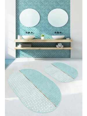 Rem Home Remhome Mint Yeşili Ogea Motifli Dijital Baskılı 2'li Oval Kaymaz Tabanlı Banyo & Mutfak Paspas Takımı Takım Banyo Paspası