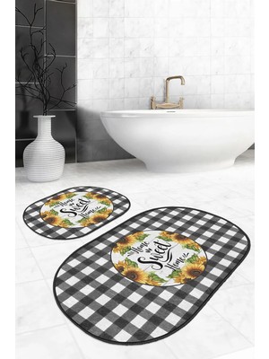 Rem Home Remhome Siyah Ekose Home Sweet Home Temalı 2'li Oval Mutfak Paspas Seti & Banyo Paspas Takımı Takım Banyo Paspası