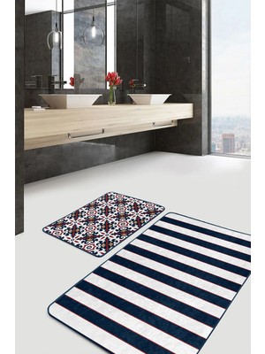 Rem Home Remhome Lacivert Geometrik Çizim Düz Çizgili 2'li Banyo Paspas Takımı & Mutfak Paspas Takımı Takım Banyo Paspası