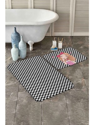 Rem Home Remhome Popcake Kız Motifli Dama Temalı 2'li Kaymaz Tabanlı Banyo & Mutfak Paspas Takımı Takım Banyo Paspası