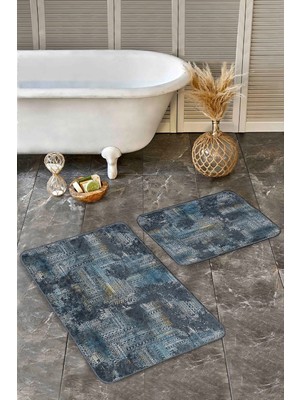 Rem Home Remhome 2'li Set Lacivert Zeminde Eskitme Motifli Etnik Eskitme Motifli Vintage 2'li Banyo Paspas Takımı Takım Banyo Paspası