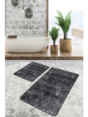 Rem Home Remhome 2'li Set Siyah Zeminde Örme Motifli Eskitme Geometrik Eskitme Motifli 2'li Banyo Paspas Takımı Takım Banyo Paspası