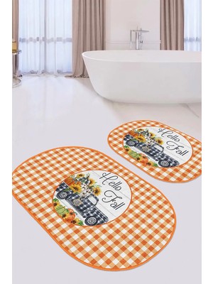 Rem Home Remhome Turuncu Ekose Motifli 2'li Oval Kaymaz Tabanlı Banyo Paspas Seti & Mutfak Paspas Takımı Takım Banyo Paspası