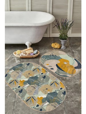 Rem Home Remhome Geometrik Şekilli Yaprak Çizimli 2'li Oval Kaymaz Tabanlı Banyo & Mutfak Paspas Takımı Takım Banyo Paspası