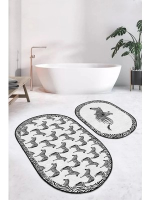 Rem Home Remhome Siyah Beyaz Zebra Desenli 2'li Oval Kaymaz Tabanlı Banyo Halı Takımı & Mutfak Paspas Takımı Takım Banyo Paspası
