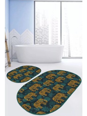Rem Home Remhome Etnik Fil Tasarımlı Özel Tasarım 2'li Oval Kaymaz Tabanlı Banyo Paspas Seti & Klozet Paspas Takımı Takım Banyo Paspası