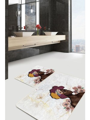 Rem Home Remhome Mermer Zeminli Zenci Kadın Motifli 2 Li Mutfak Halı Takımı - Banyo Paspas Seti Takım Banyo Paspası