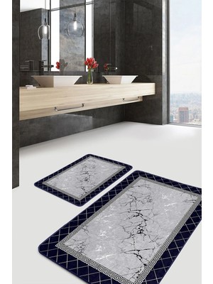 Rem Home Remhome 2'li Set Siyah - Gri Zeminde Çerçeveli Motifli Mermer Geometrik Klasik 2'li Banyo Paspas Takımı Takım Banyo Paspası