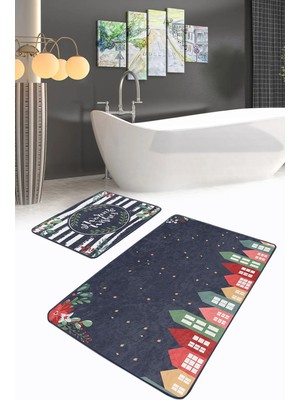 Rem Home Remhome Lacivert Zeminli Renkli Evler Özel Tasarım 2'li Kaymaz Tabanlı Banyo & Mutfak Paspas Takımı Takım Banyo Paspası