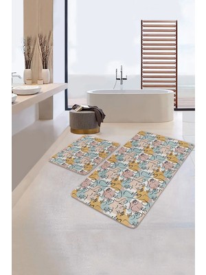 Rem Home Remhome Bohemian Motifli Özel Tasarım Dijital Baskılı 2'li Kaymaz Tabanlı Banyo & Mutfak Paspas Takımı Takım Banyo Paspası