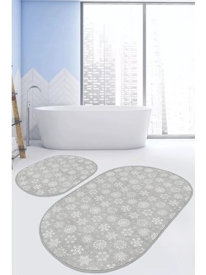 Rem Home Remhome Gri Zemin Kar Taneleri Dijital Baskılı 2'li Oval Kaymaz Tabanlı Banyo & Mutfak Paspas Takımı Takım Banyo Paspası
