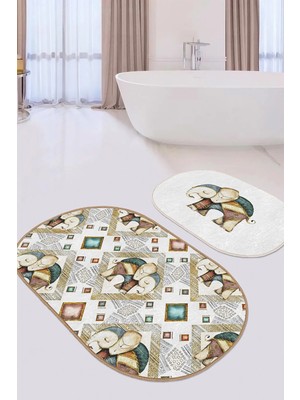 Rem Home Remhome Etnik Fil Figürlü 2'li Oval Kaymaz Tabanlı Mutfak Paspas Seti & Banyo Halı Takımı Takım Banyo Paspası