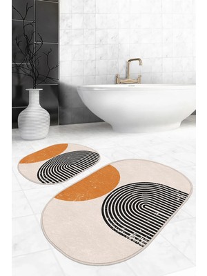 Rem Home Remhome Çizgili Onedraw Özel Tasarımlı 2'li Oval Kaymaz Tabanlı Banyo & Mutfak Paspas Takımı Takım Banyo Paspası
